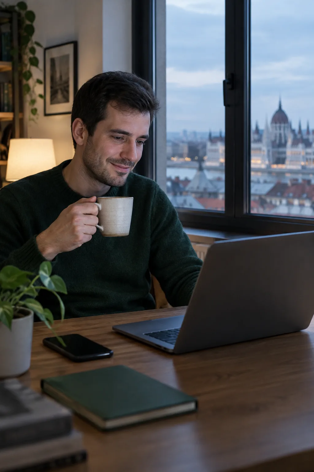 Egy fejlesztő este a laptopjánál, az ablakon túl a budapesti Parlament