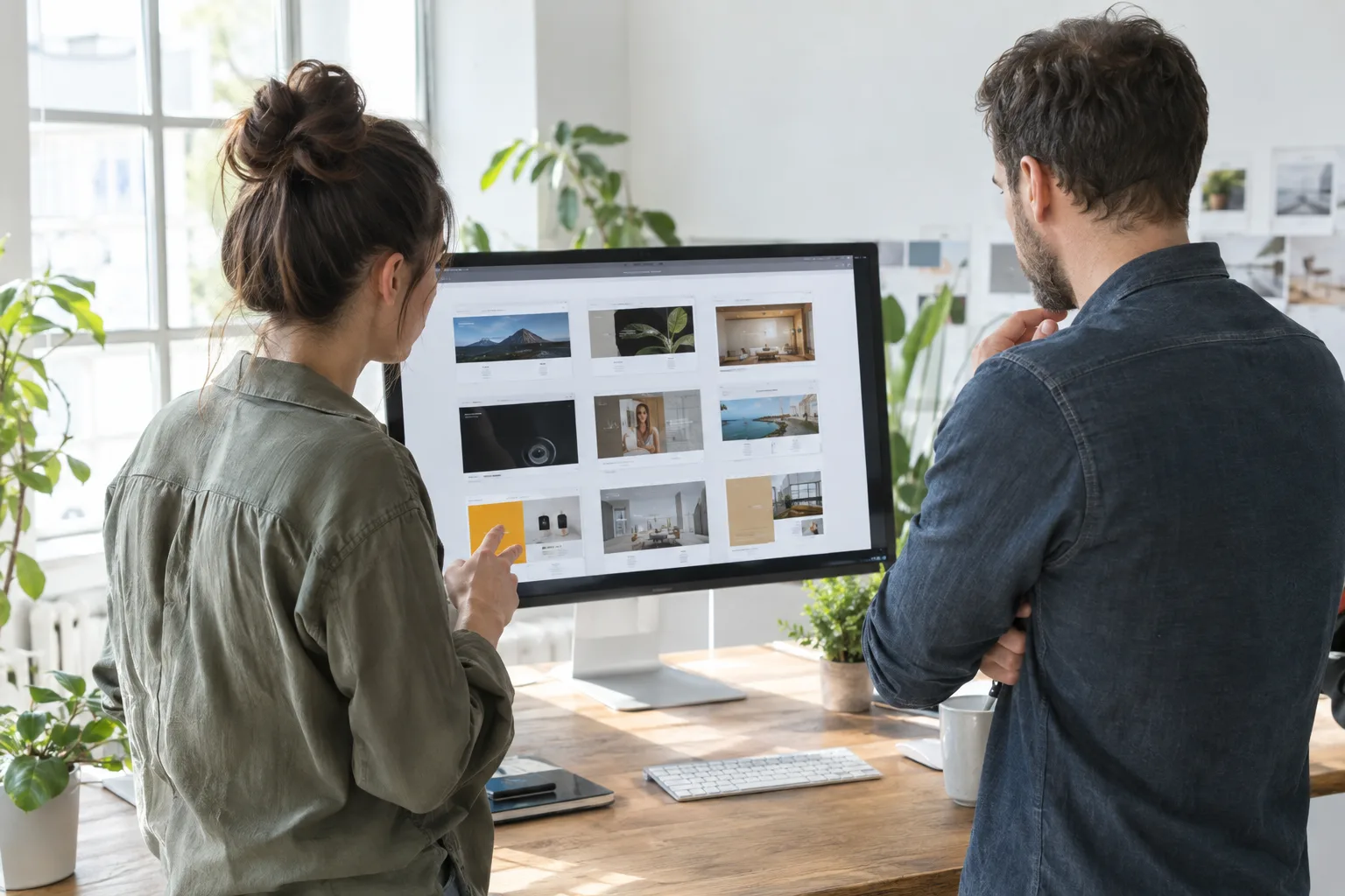 Két munkatárs egy monitoron ügyfél-weboldalak előnézetét nézi