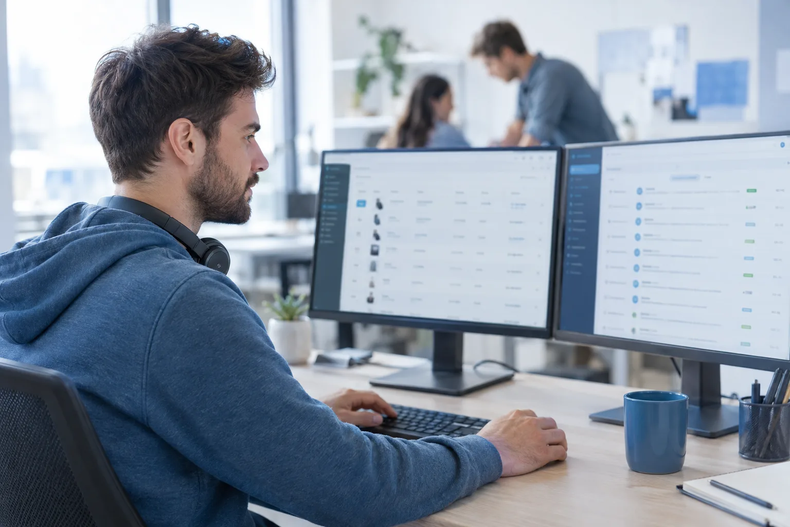 Az operátor a webshop termékeit és a ticketeket nézi két monitoron